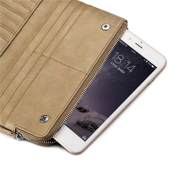 ICARER Universal Genuine Leather Zipper Pouch Case with Multiple Card Slots for iPhone 7 Plus etc. Size: 19 x 9.5 x 1.8cm - Khaki-5