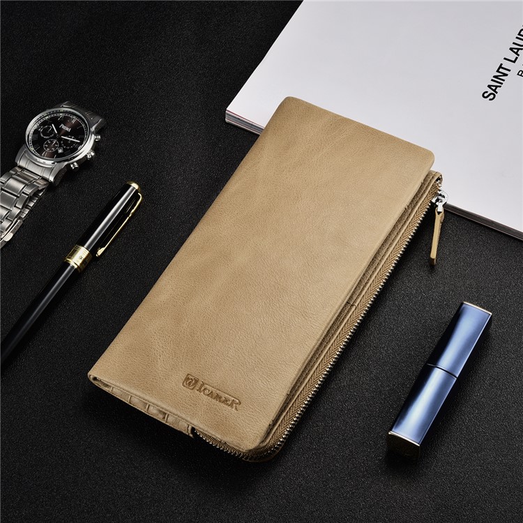 ICARER Universal Genuine Leather Zipper Pouch Case with Multiple Card Slots for iPhone 7 Plus etc. Size: 19 x 9.5 x 1.8cm - Khaki-9