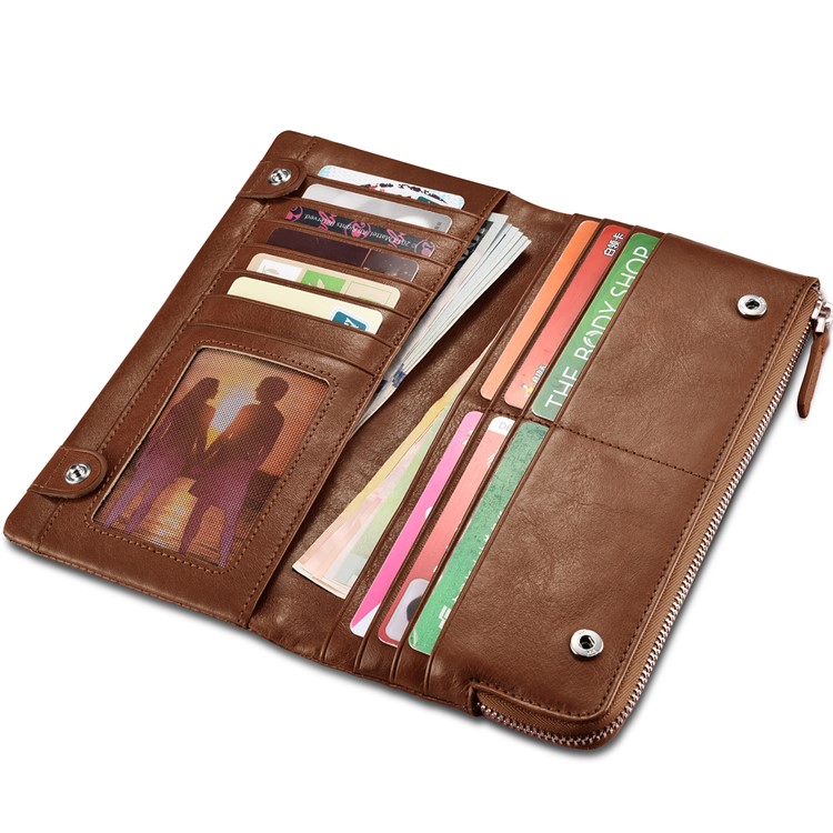 ICARER Universal Genuine Leather Zipper Pouch Long Purse with 13 Card Slots for iPhone 7 Plus etc. Size: 19 x 9.5 x 1.8cm - Coffee-1