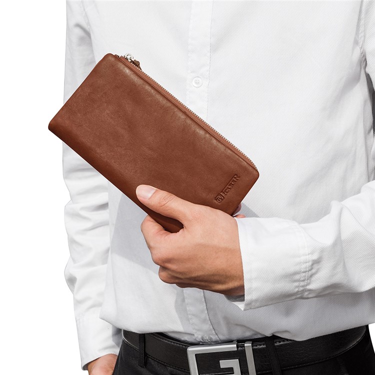ICARER Universal Genuine Leather Zipper Pouch Long Purse with 13 Card Slots for iPhone 7 Plus etc. Size: 19 x 9.5 x 1.8cm - Coffee-11