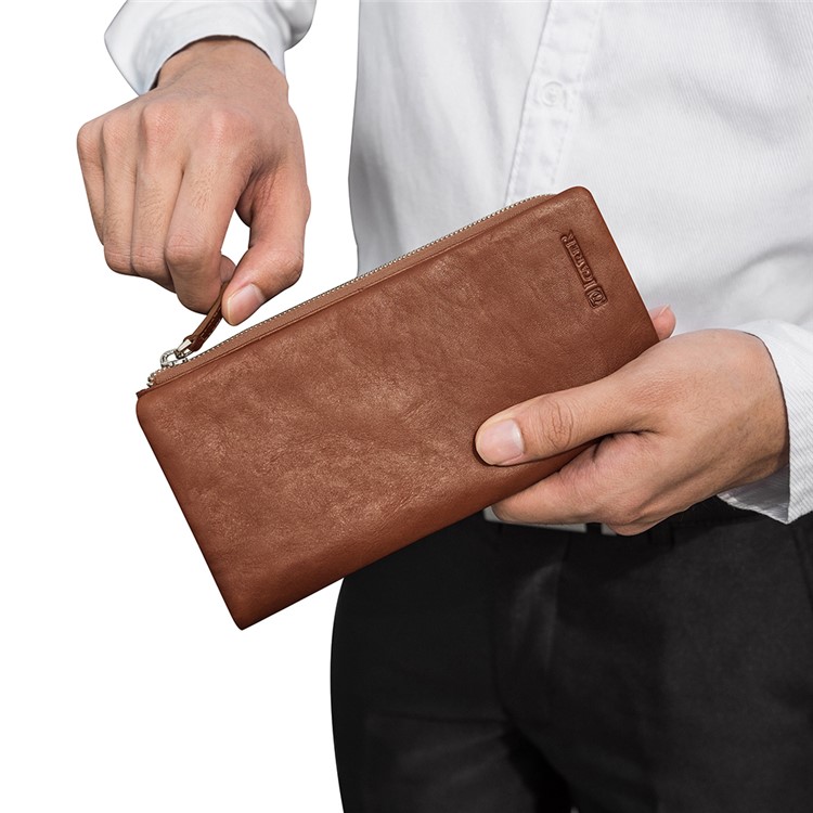 ICARER Universal Genuine Leather Zipper Pouch Long Purse with 13 Card Slots for iPhone 7 Plus etc. Size: 19 x 9.5 x 1.8cm - Coffee-12