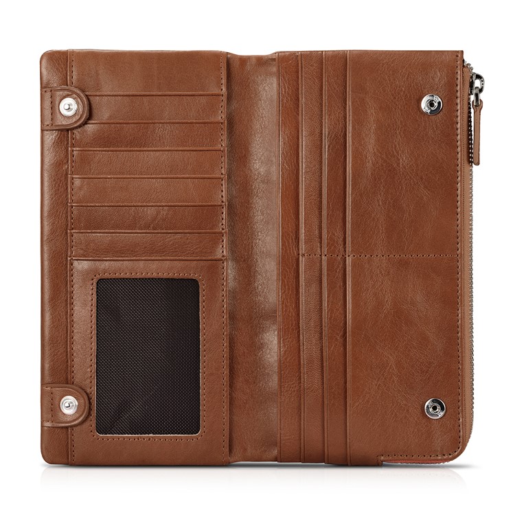 ICARER Universal Genuine Leather Zipper Pouch Long Purse with 13 Card Slots for iPhone 7 Plus etc. Size: 19 x 9.5 x 1.8cm - Coffee-4
