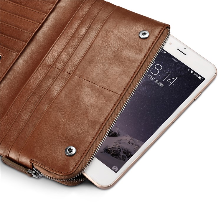 ICARER Universal Genuine Leather Zipper Pouch Long Purse with 13 Card Slots for iPhone 7 Plus etc. Size: 19 x 9.5 x 1.8cm - Coffee-5