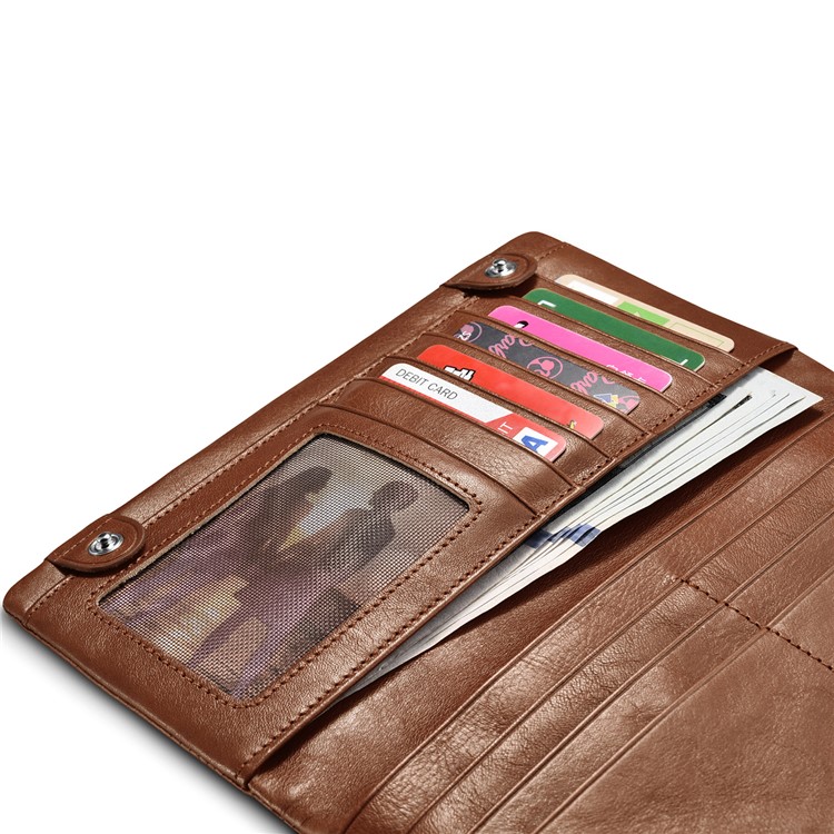 ICARER Universal Genuine Leather Zipper Pouch Long Purse with 13 Card Slots for iPhone 7 Plus etc. Size: 19 x 9.5 x 1.8cm - Coffee-7