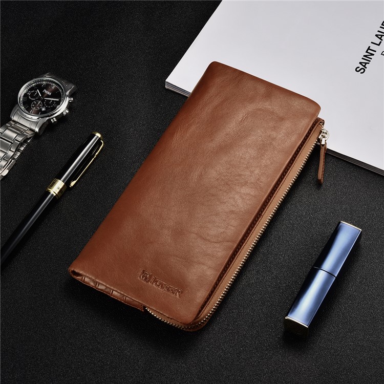 ICARER Universal Genuine Leather Zipper Pouch Long Purse with 13 Card Slots for iPhone 7 Plus etc. Size: 19 x 9.5 x 1.8cm - Coffee-9