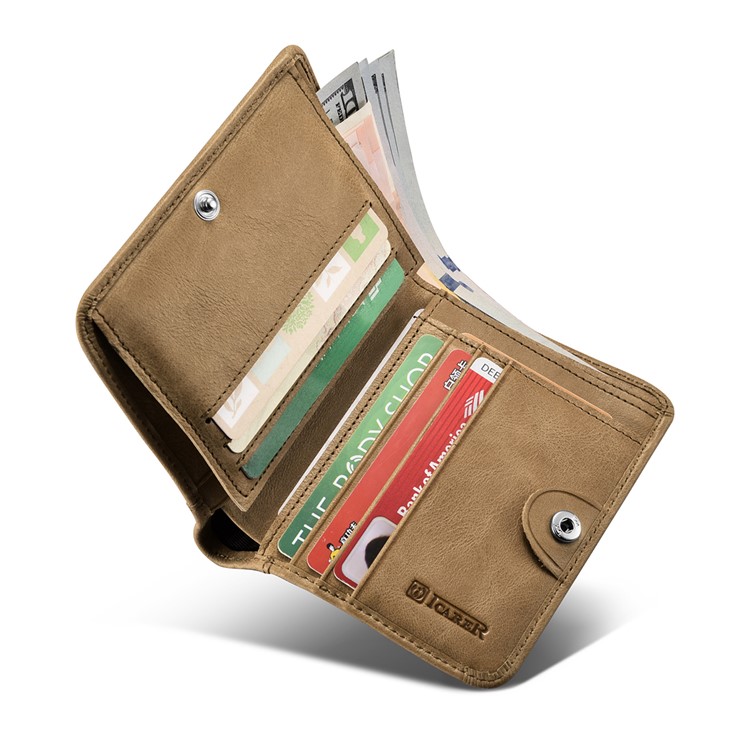 ICARER Luxury Genuine Leather Men Bifold Wallet with Card/Photo/Cash Slots - Khaki-1