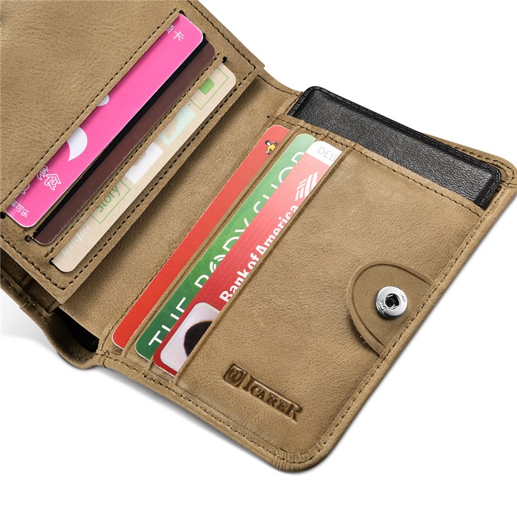 ICARER Luxury Genuine Leather Men Bifold Wallet with Card/Photo/Cash Slots - Khaki-9