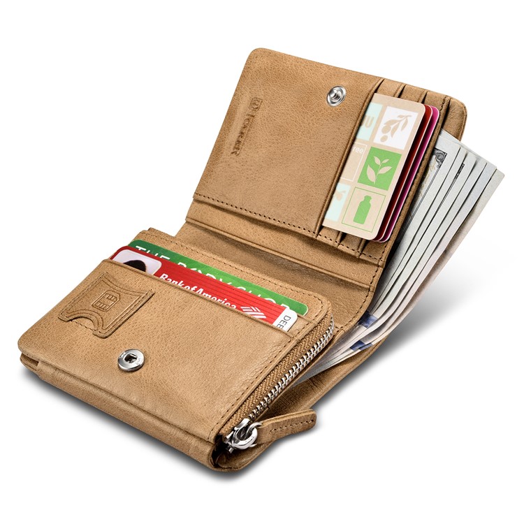 ICARER Tri-fold Luxury Genuine Leather Men Pocket Wallet with Coin Zipper Pouch - Khaki-1