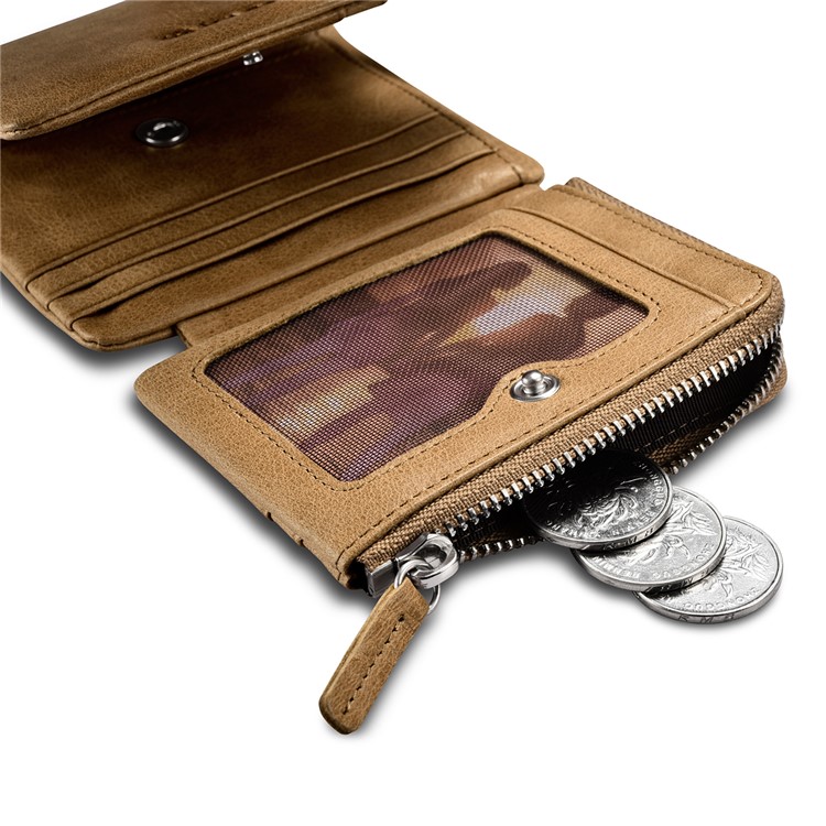 ICARER Tri-fold Luxury Genuine Leather Men Pocket Wallet with Coin Zipper Pouch - Khaki-11