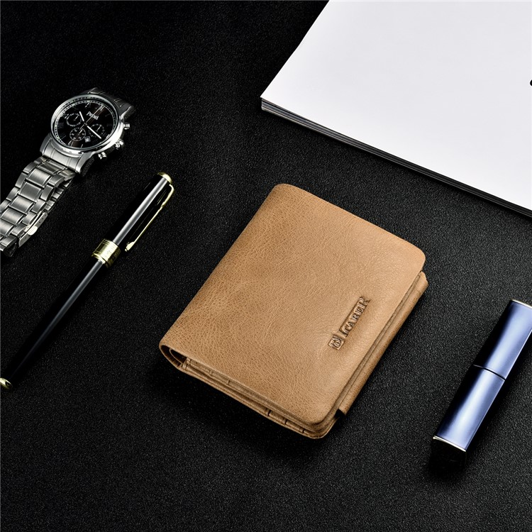 ICARER Tri-fold Luxury Genuine Leather Men Pocket Wallet with Coin Zipper Pouch - Khaki-12