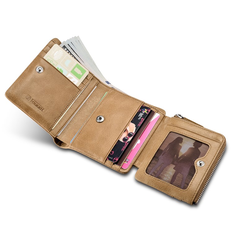 ICARER Tri-fold Luxury Genuine Leather Men Pocket Wallet with Coin Zipper Pouch - Khaki-9