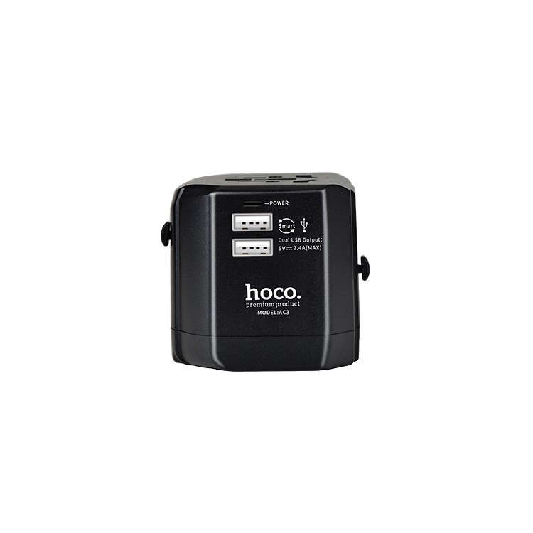 HOCO AC3 Universal Travel Adapter Worldwide Charger EU US UK AU Wall Plug with Two USB Ports - Black-1