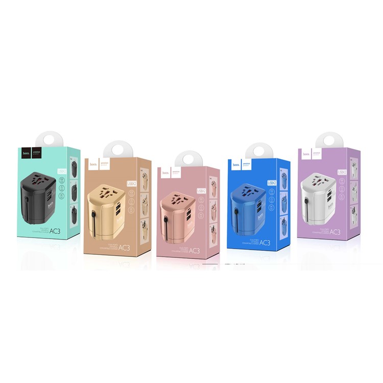 HOCO AC3 Universal Travel Adapter Worldwide Charger EU US UK AU Wall Plug with Two USB Ports - Black-3