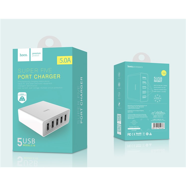 HOCO C18 5 USB Ports Home Wall Charger Adapter for Samsung HTC LG - UK Plug-7