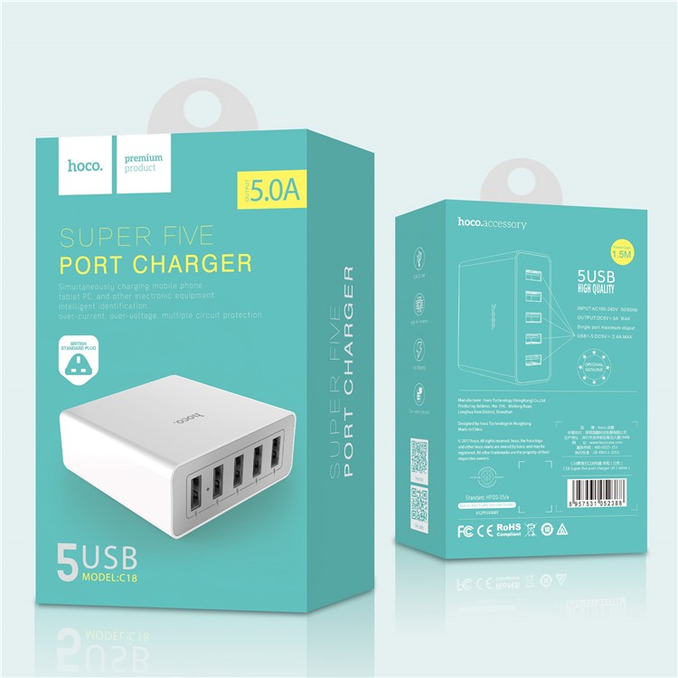 HOCO C18 5 USB Ports Home Wall Charger Adapter for Samsung HTC LG - UK Plug-9