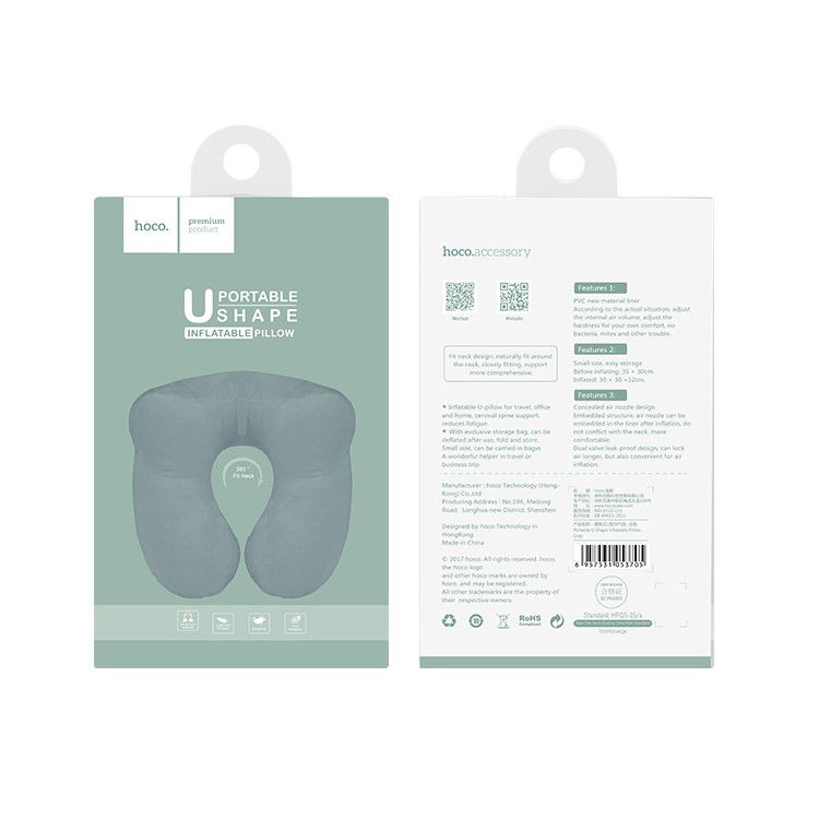 HOCO Portable U Shape Air Inflatable Pillow Neck Rest for Home Travel Use - Grey-4