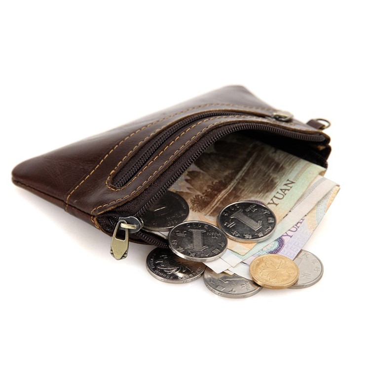 Genuine Leather Metal Zipper Card Case Wallet / Coin Change Purse-1
