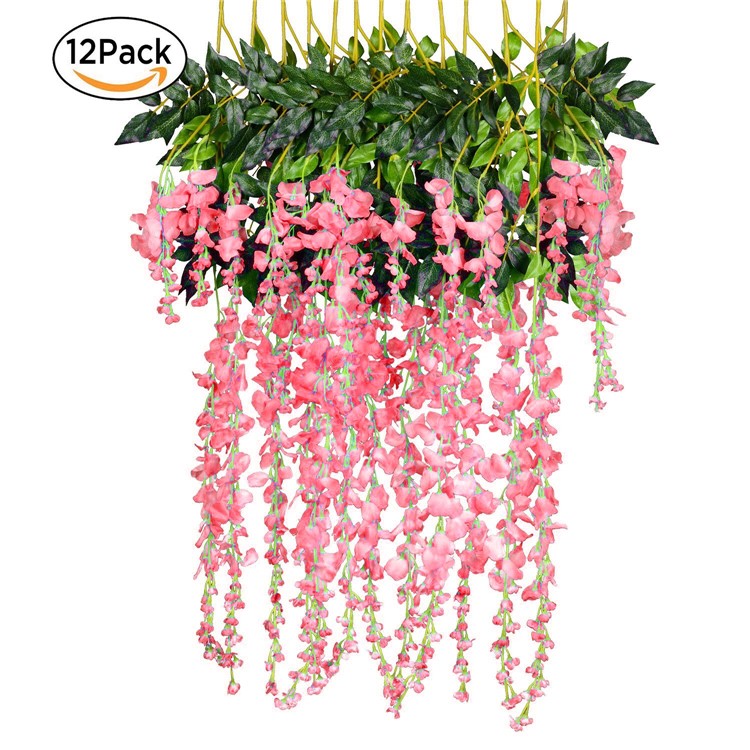 12 Pack One Piece Artificial Wisteria Vine Silk Hanging Flower Wedding Festival Decor - Pink-1