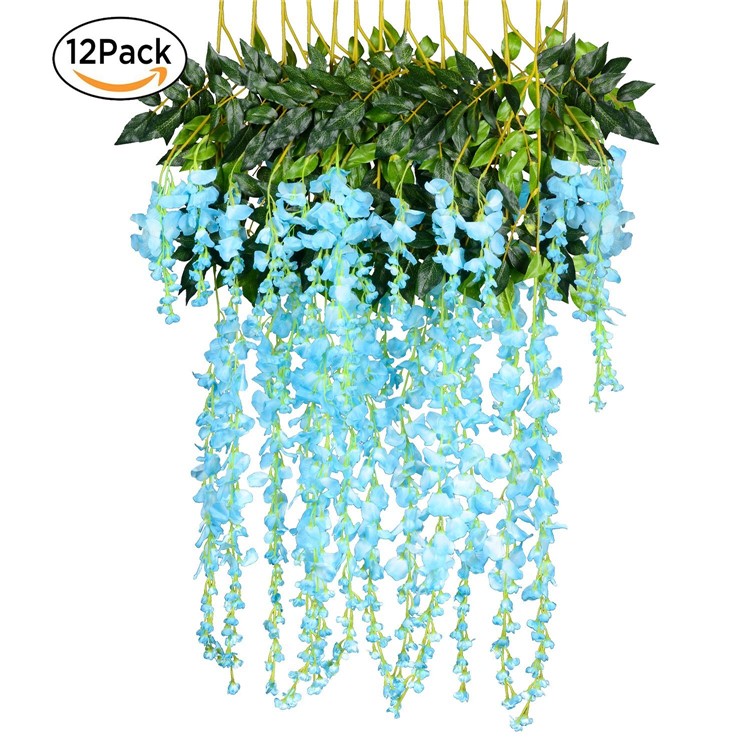 12 Pieces Artificial Wisteria Vine Silk Hanging Flower Wedding Festival Decor - Blue-1