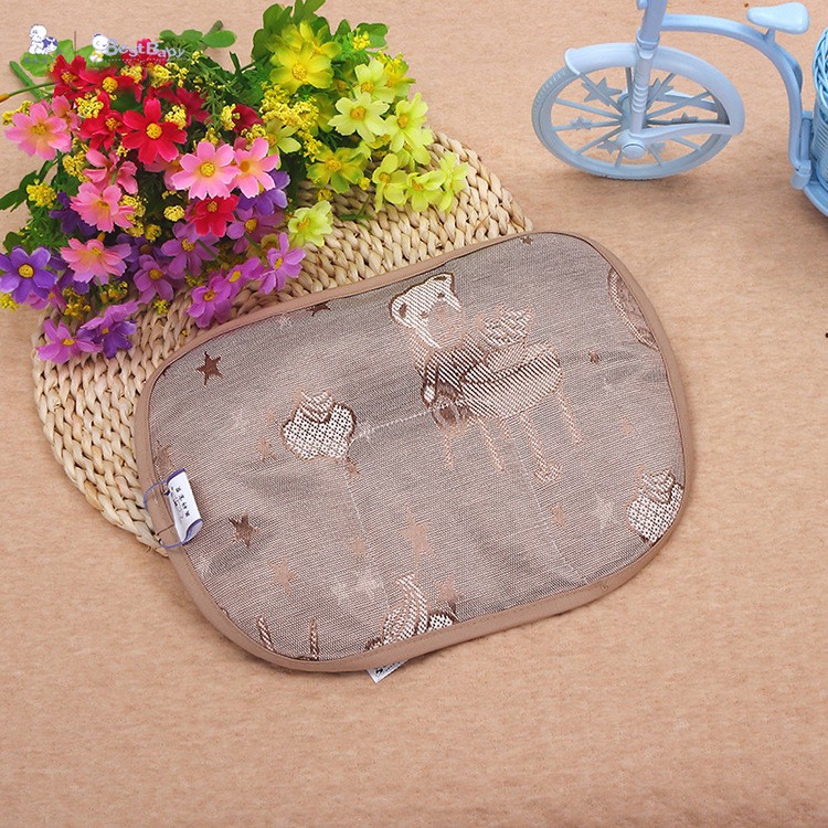 BEST BABY Cartoon Pattern Baby Summer Ice Silk Pillow Protection Baby Flat Head Newborn Pillow - Khaki-1