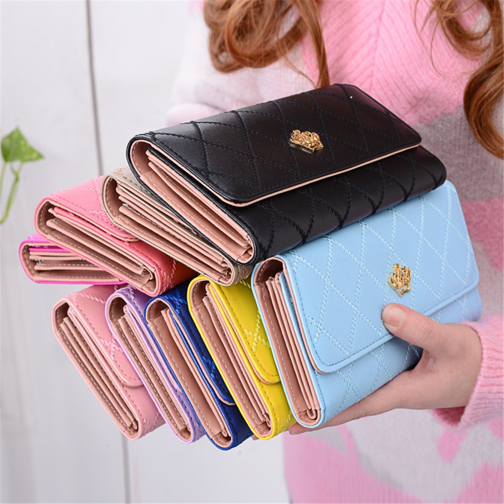 Lady Wallet PU Leather Crown Card Holder Case Trifold Organizer - Rose-2