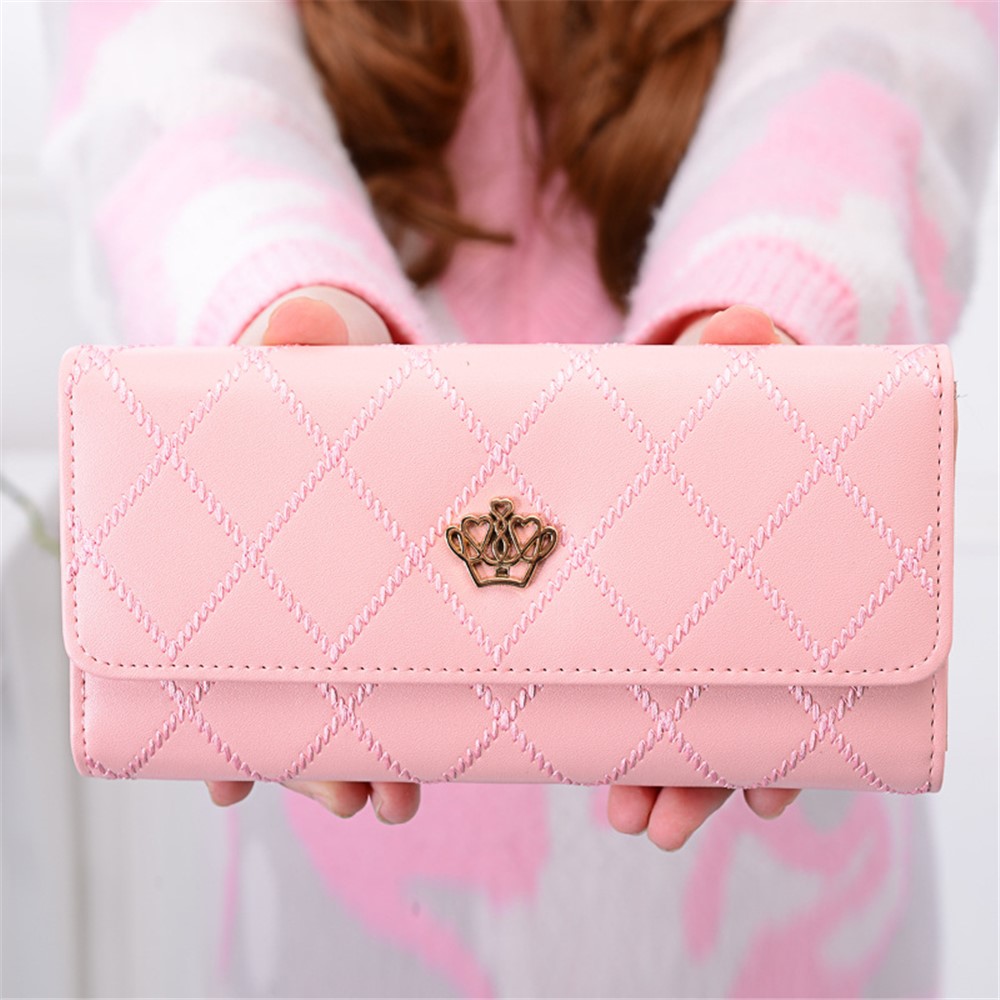 PU Leather Crown Wallet Long Trifold Purse for Women - Pink-1