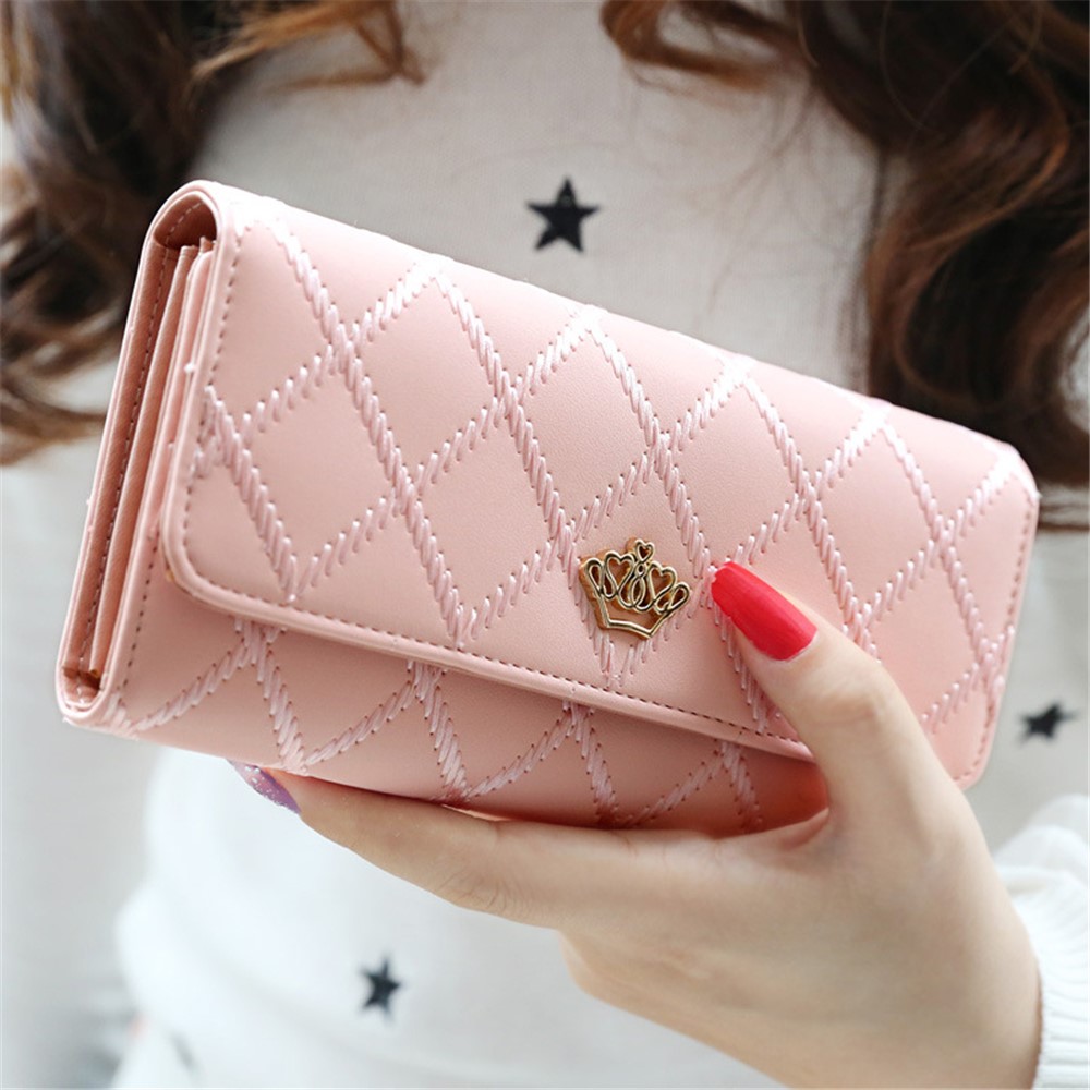 PU Leather Crown Wallet Long Trifold Purse for Women - Pink-3