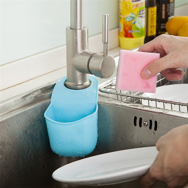 PVC Sink Hanging Storage Bag Basket Mini Sponge Organizer Container Box for Kitchen Bathroom - Blue-2