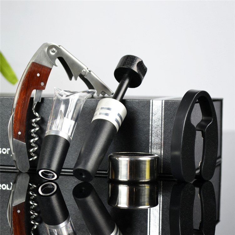 BY609 5 in 1 Rosewood Corkscrew Wine Bottle Opener Knife + Wine Ring + Foil Cutter + Wine Aerator Pourer + Vacuum Bottle Stopper Kit-1