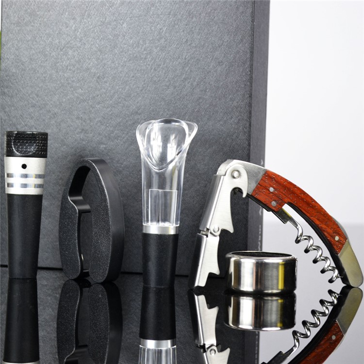 BY609 5 in 1 Rosewood Corkscrew Wine Bottle Opener Knife + Wine Ring + Foil Cutter + Wine Aerator Pourer + Vacuum Bottle Stopper Kit-11