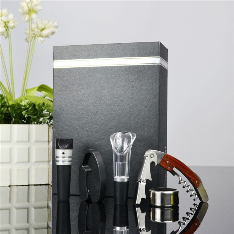 BY609 5 in 1 Rosewood Corkscrew Wine Bottle Opener Knife + Wine Ring + Foil Cutter + Wine Aerator Pourer + Vacuum Bottle Stopper Kit-12