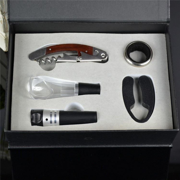 BY609 5 in 1 Rosewood Corkscrew Wine Bottle Opener Knife + Wine Ring + Foil Cutter + Wine Aerator Pourer + Vacuum Bottle Stopper Kit-2