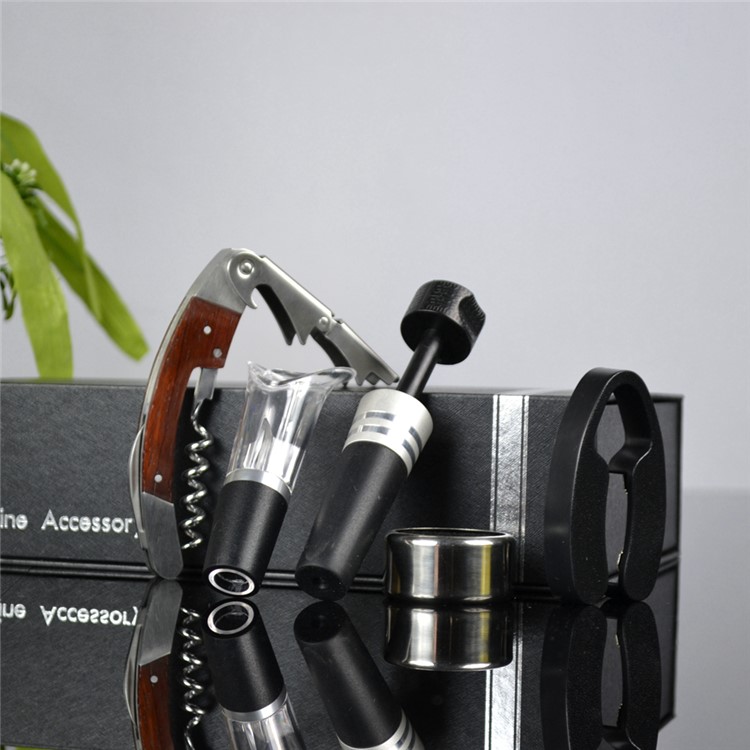 BY609 5 in 1 Rosewood Corkscrew Wine Bottle Opener Knife + Wine Ring + Foil Cutter + Wine Aerator Pourer + Vacuum Bottle Stopper Kit-8