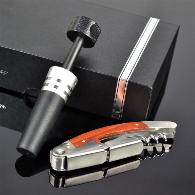 BY611 2PCS Premium Rosewood Wood Stainless Steel Beer and Wine Opener with Vacuum Pump Corkscrew Kit-1