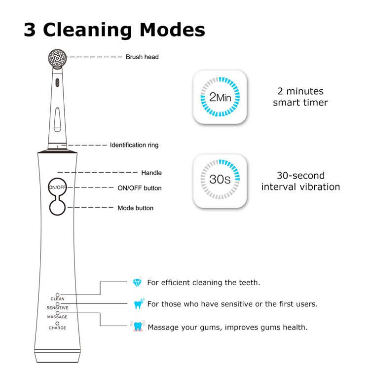 MORNWELL D03B Brosse De Dent Électrique Rechargeable USB Rotation Pour Adultes Enfants-4