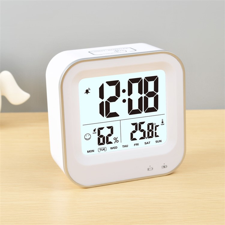 Square Pattern Light-control LCD Display Temperature Alarm Clock - White-1