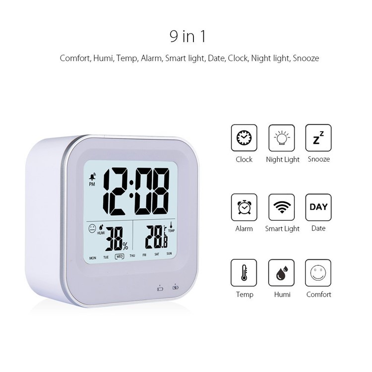 Square Pattern Light-control LCD Display Temperature Alarm Clock - White-4