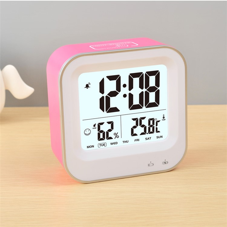 Square Pattern Light-control LCD Display Temperature Alarm Clock - Rose-1