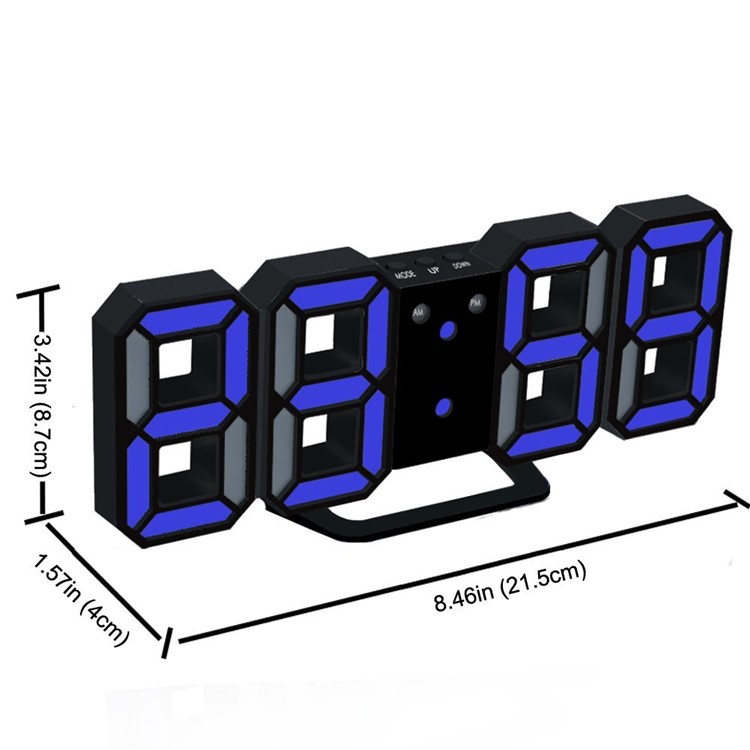 Wholesale Modern Electronic 3D Digital Wall Clock Luminous LED Snooze Alarm Clock Black + Blue