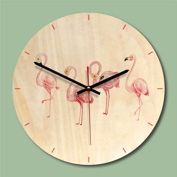 Purchased Wood Wall Clock Flamingo Pattern Non Ticking Silent Wooden Mounted Style 3