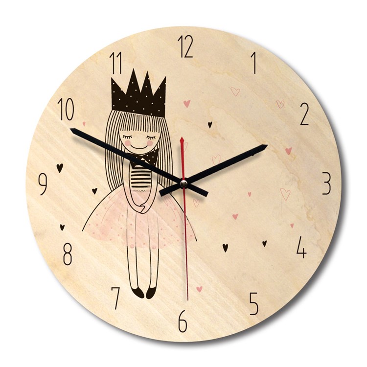 Home Wall Decoration Clock Cartoon Pattern Solid Wood Noiseless Wall Clock - Girl Wearing Crown-1