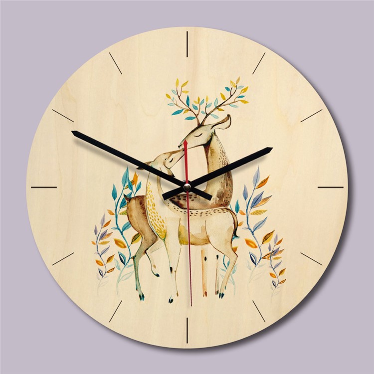 Deer Pattern Home Wall Clock Creative Solid Wood Clock - Style A-2