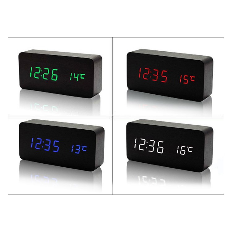 Wood Wooden LED Alarm Clock with Temperature Dispaly Big Number Table Clock - Black / Green LED Numbers-10
