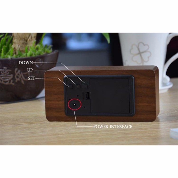 Wood Wooden LED Alarm Clock with Temperature Dispaly Big Number Table Clock - Black / Green LED Numbers-8
