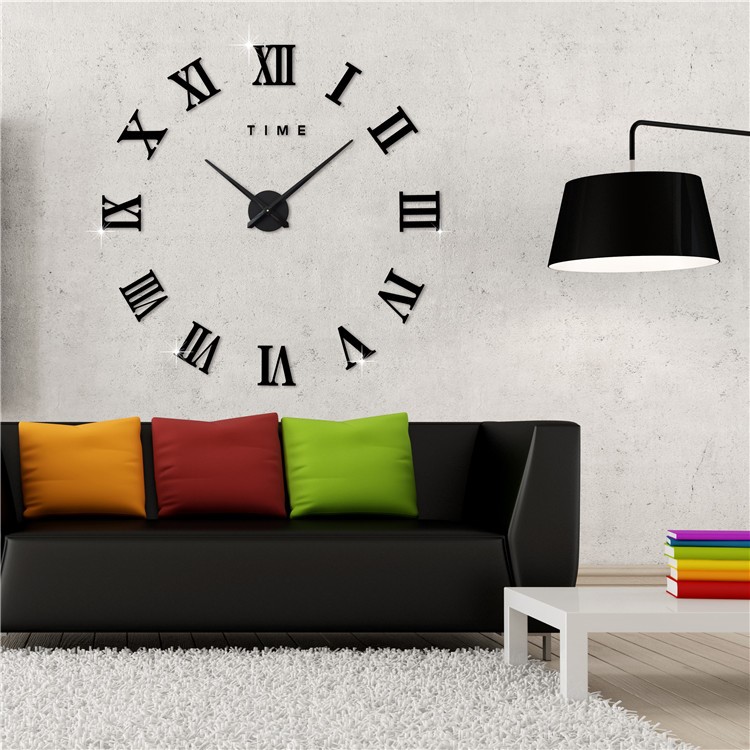 DIY 3D Mirror Sticker Wall Clock Roman Numerals Large Size (3M011) - Black-2