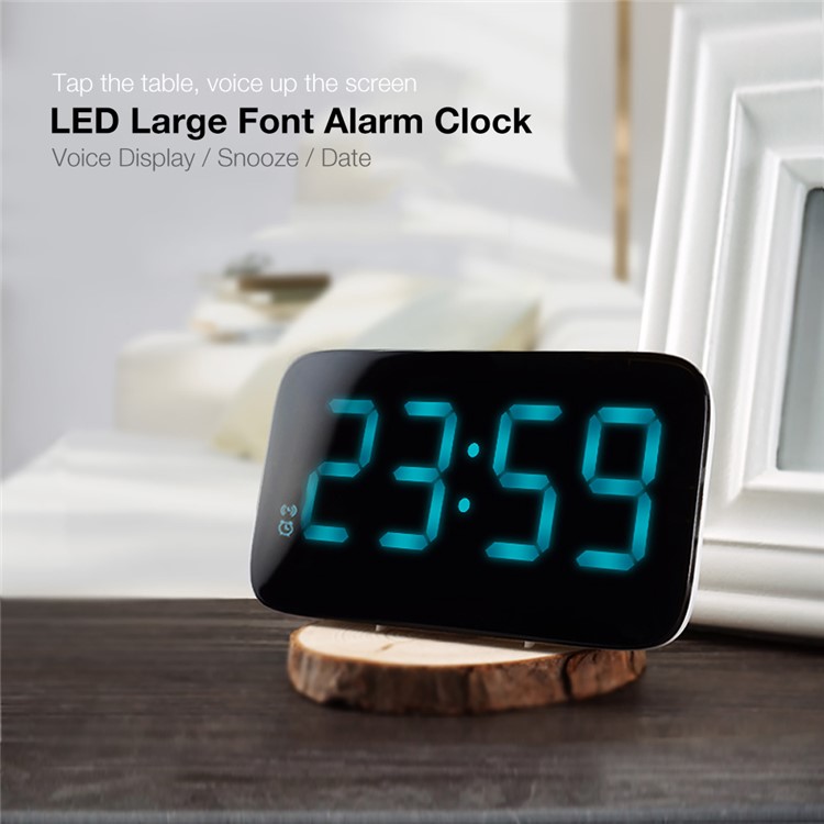 TTJ-015 Voice Control Silent Clock USB LED Large Font Alarm Clock with Snooze, Hourly Chime Functions - Black-1