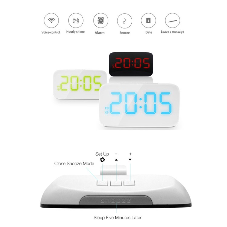 TTJ-015 Voice Control Silent Clock USB LED Large Font Alarm Clock with Snooze, Hourly Chime Functions - Black-6