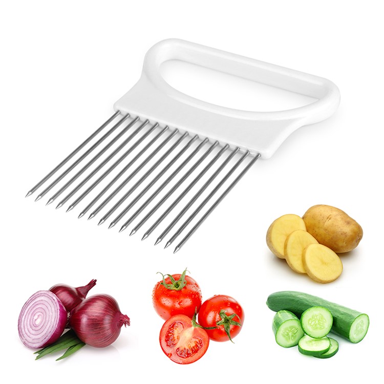 Vegetable Onion Holder Slicing Guide Stainless Steel Prongs Holds Slice Aid Cutting - White-2