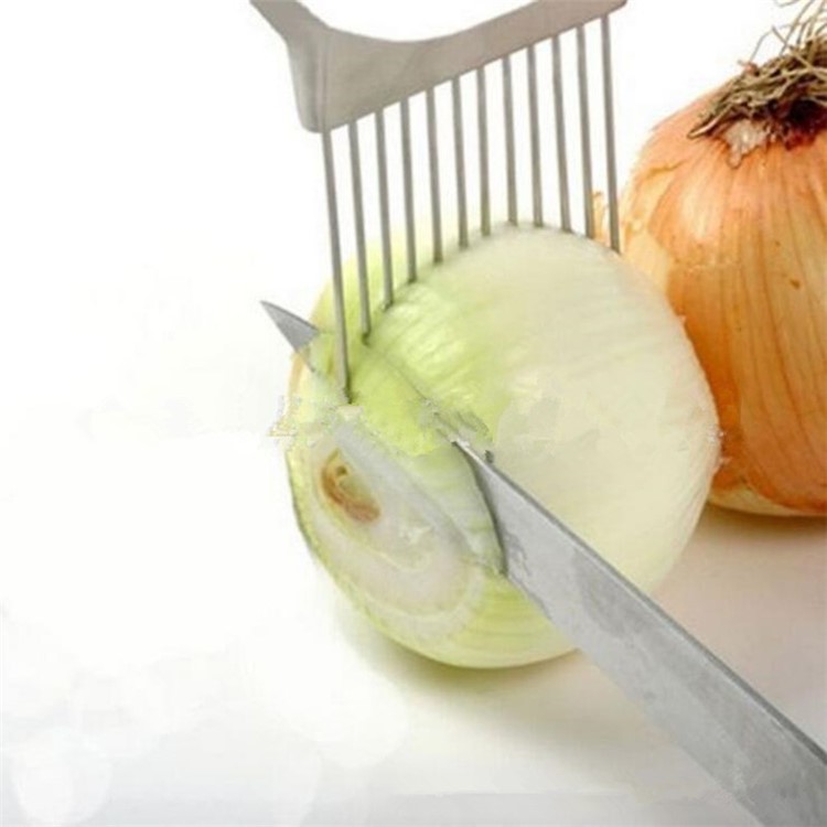 Vegetable Onion Holder Slicing Guide Stainless Steel Prongs Holds Slice Aid Cutting - White-9