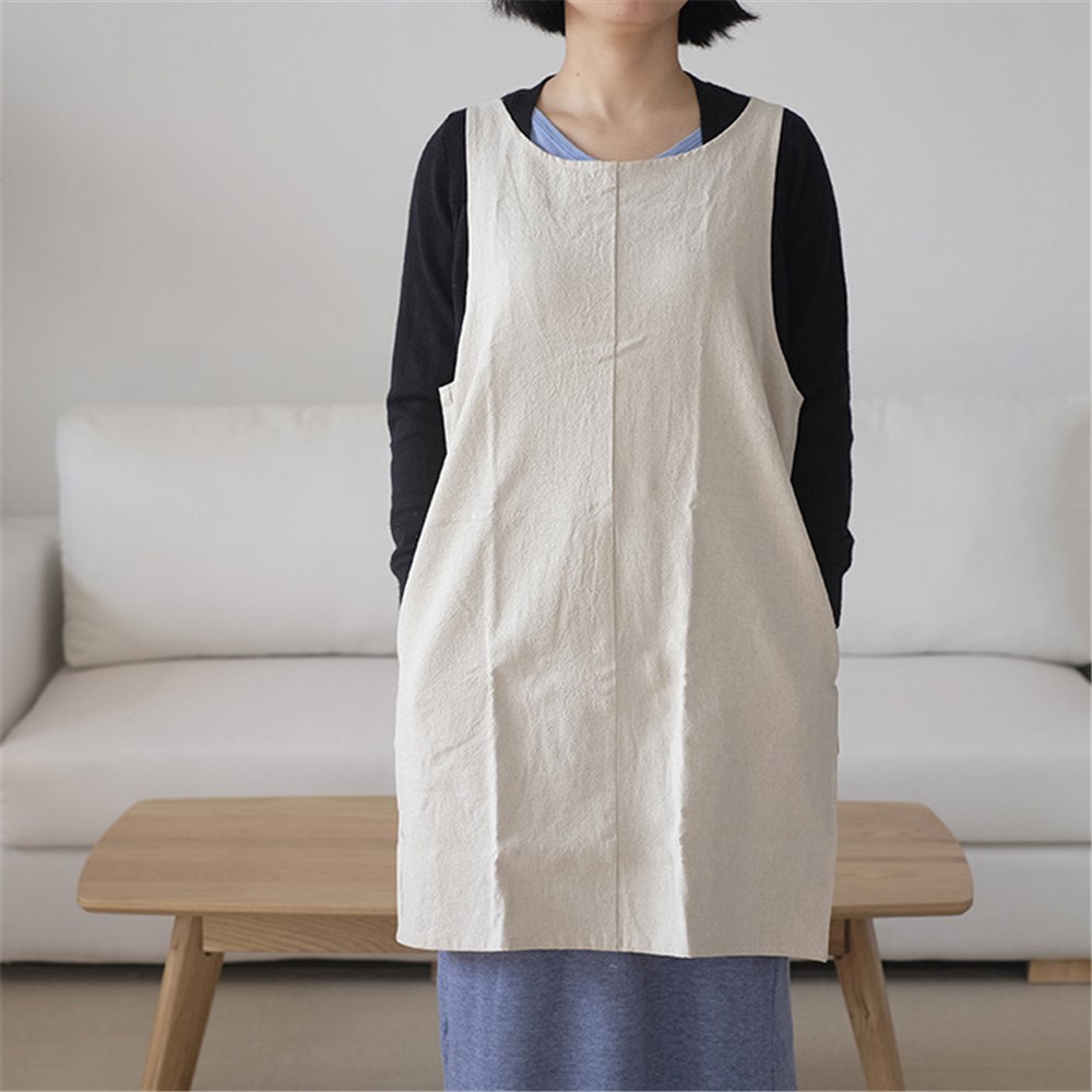 BC0401 Pure Color Linen Household Apron Coffee Shop Apron - White-1